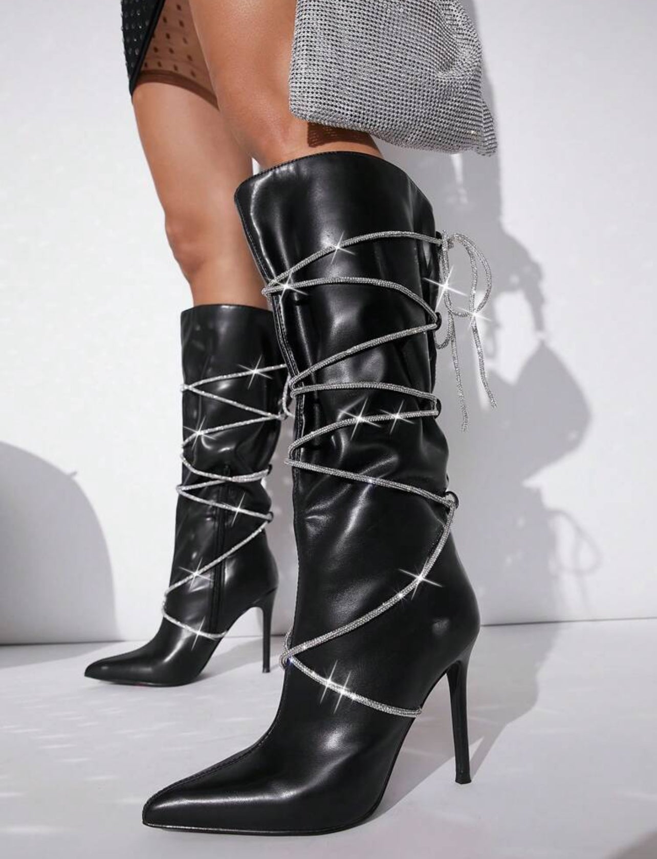 “Rhinestone Lace Up” Stiletto Heeled Boots, Leopard or Black