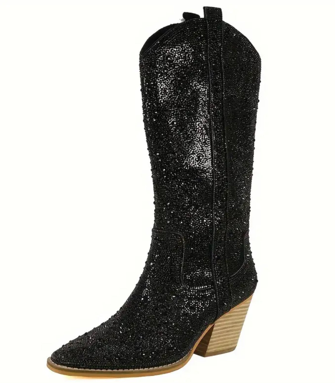 “Western & Rhinestones” Cowboy Boots, Stacked Block Heel, Mid Calf, Zipper Closure, PU Faux Leather Upper