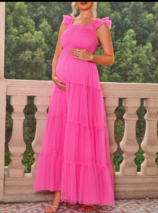 Pretty in Pink 🩷 Baby 🌙🌟 Bumps Maternity Collection Solid Hot Punk Flying Sleeve Dress For Baby-shower or Special Occasions