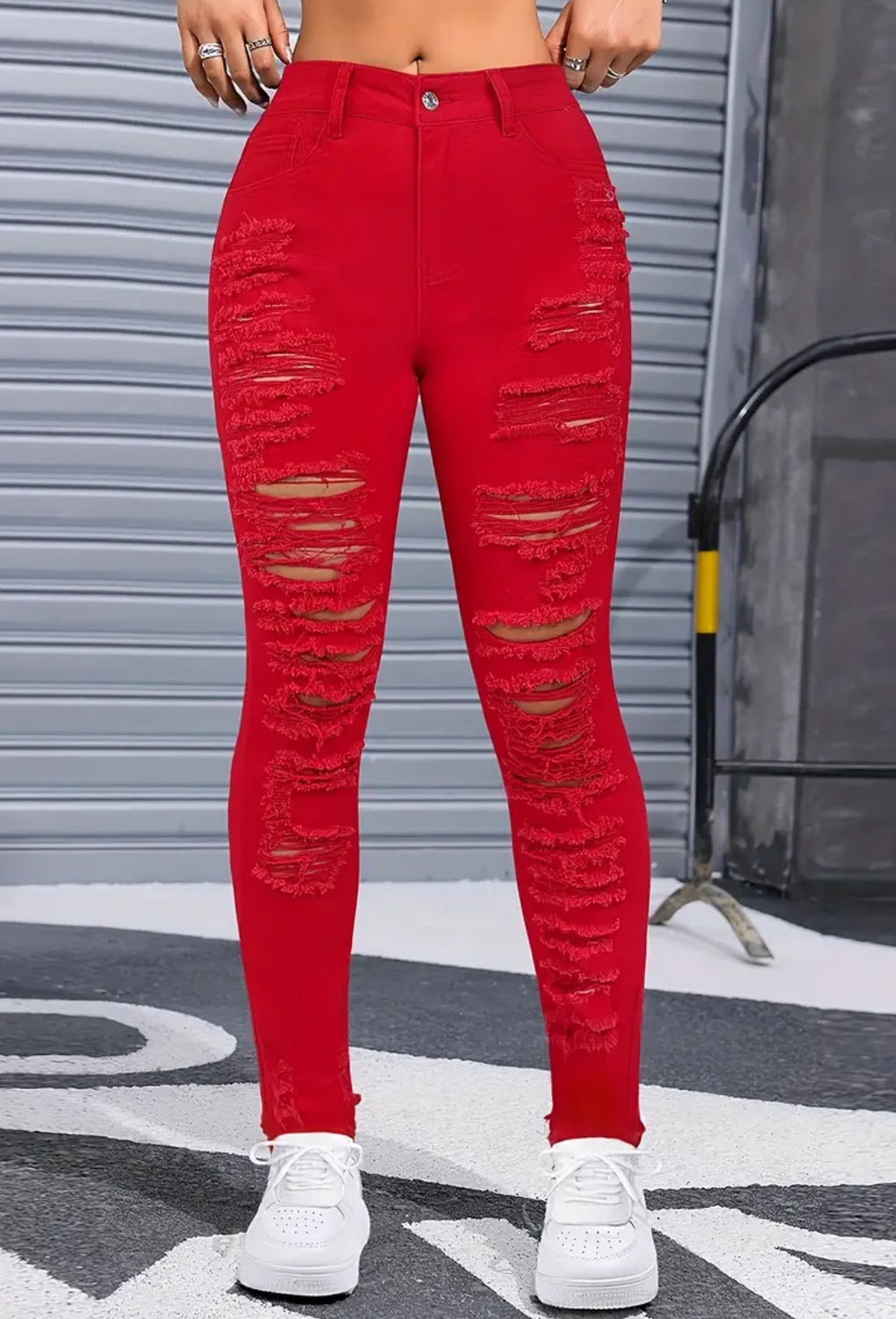 Distressed Ripped Red Sexy Zipper Button Closure Jeans, Skinny Fit, Women's Denim