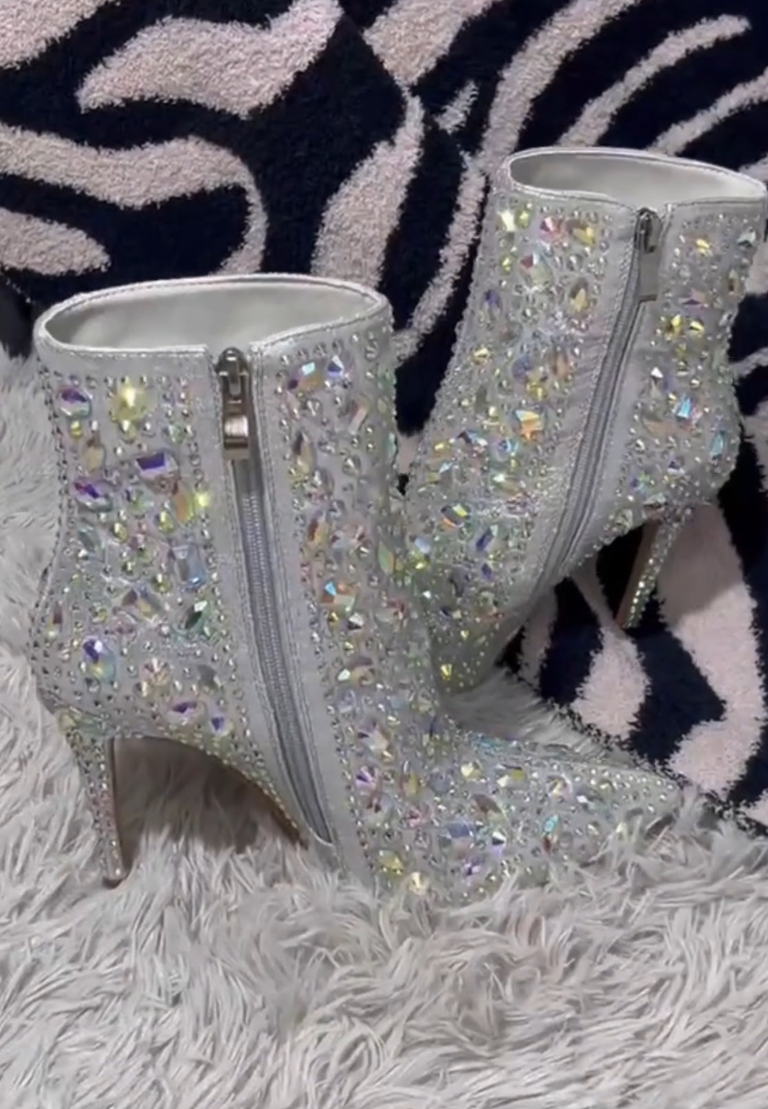 “Silvery Sparkling Rhinestone” Embellished Bootie - Mid High Heel, AB Rhinestones, Luxurious Design, Elegant Style