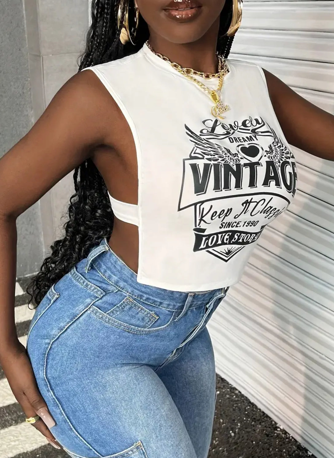 “Vintage & Classy” Sexy Backless Crop Top, Crew Neck