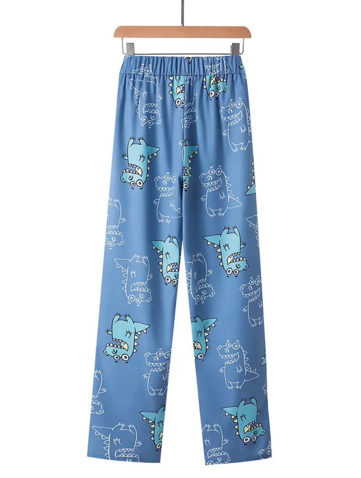 Men's Casual Cartoon Dino Pajamas Sets, Long Sleeve Lapel Neck Shirt & Elastic Waist Loose Pants Lounge Wear, Sugar 🎩 Daddy Collection