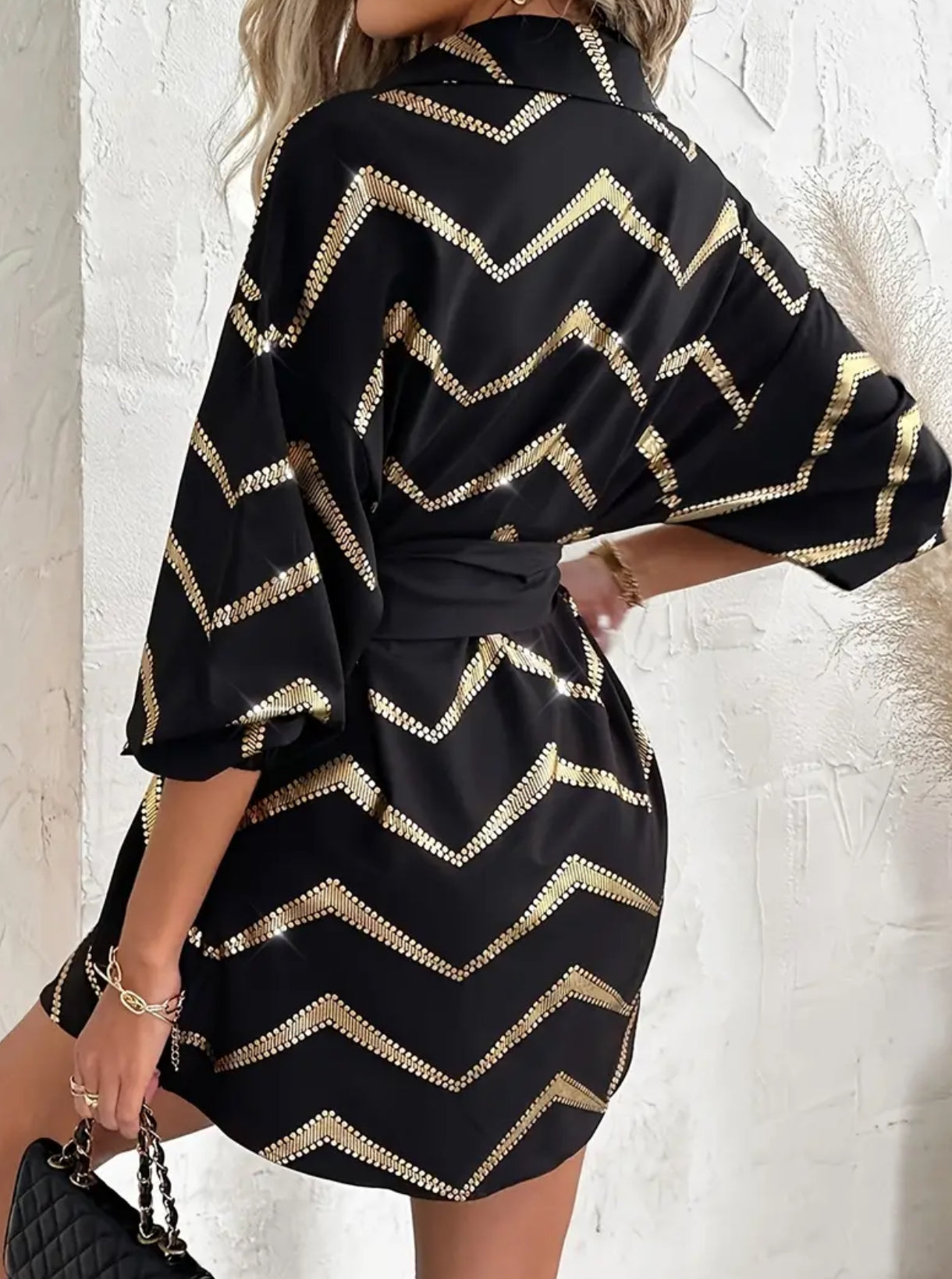 Vibrant Chevron 🤎🖤 Print Mini Casual Half Sleeve Tie Waist Dress