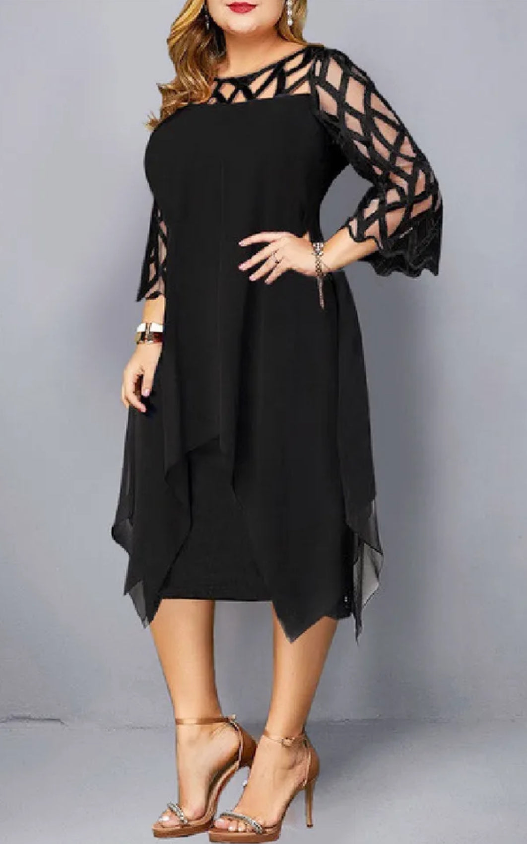 Elegant Mini Dress, O Neck, Lace Sleeve, Up to 6XL