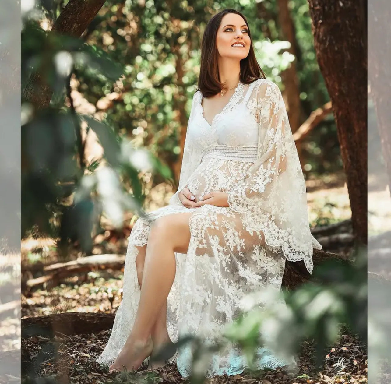 Vestido bohemio de encaje blanco roto para sesión de fotos de maternidad