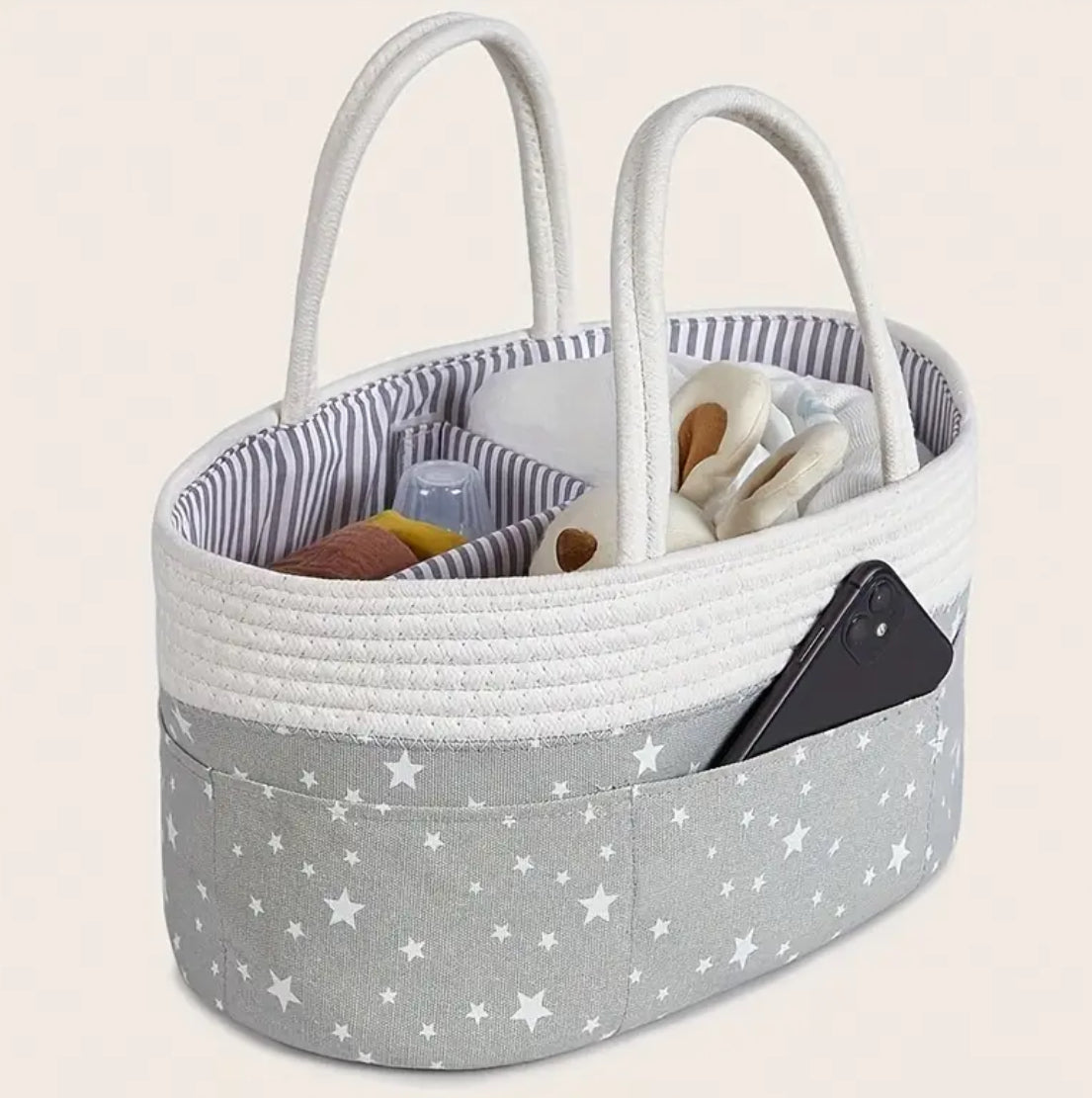 “Gray Skies & Bright Stars” Woven Storage Basket, Diaper Caddy Organizer