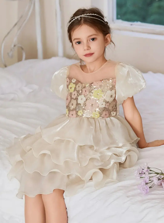 “Olivia” Sequin Floral Princess, Sweet Layered Ruffle Cake Dress For Girls