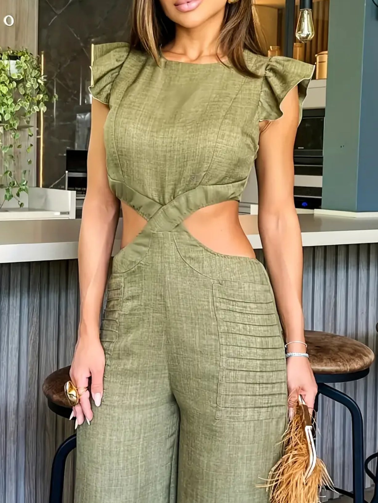 “Sage” Ruffle Trim, Elegant Wide Leg Jumpsuit