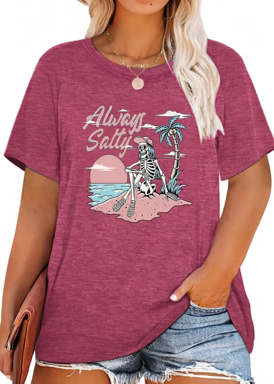 “Always Salty” Short Sleeve Round Neck Tee, Up To 5XL