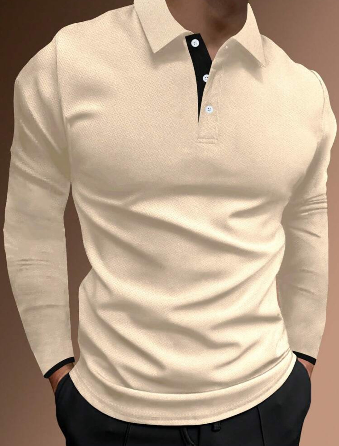 Men Contrast Trim | Long Sleeve Half Button Collar Casual Polo Shirt