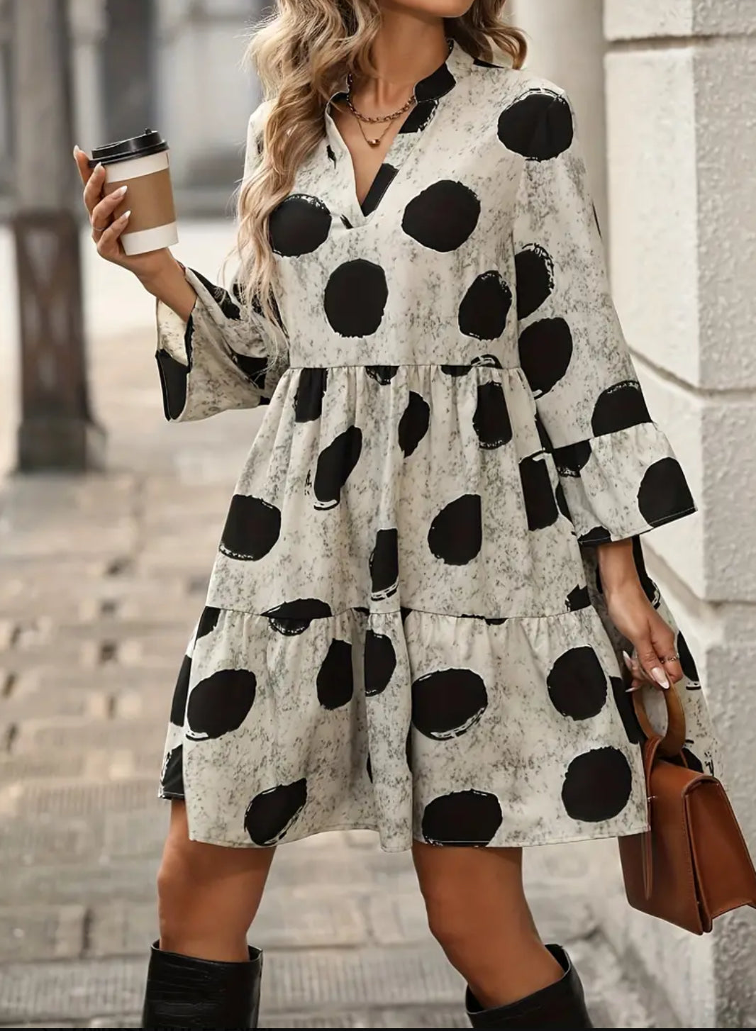 Earth Tone Polka Dot Print Flounce Sleeve Ruffle Hem Smock Dress