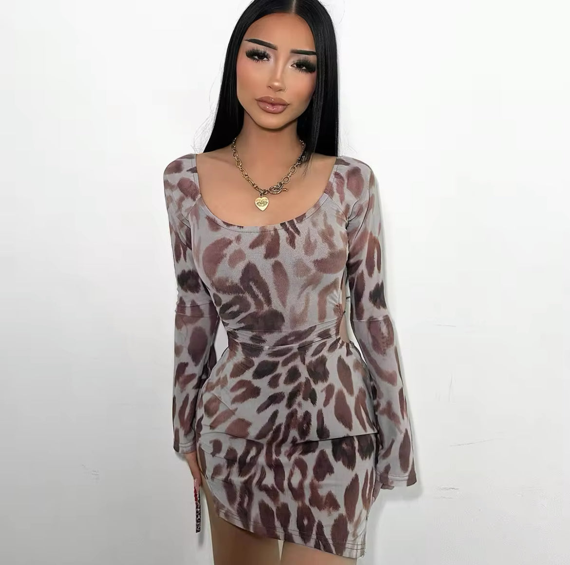 “Leopard Goddess” Off Shoulder, Backless, Long Sleeve Mini Dress