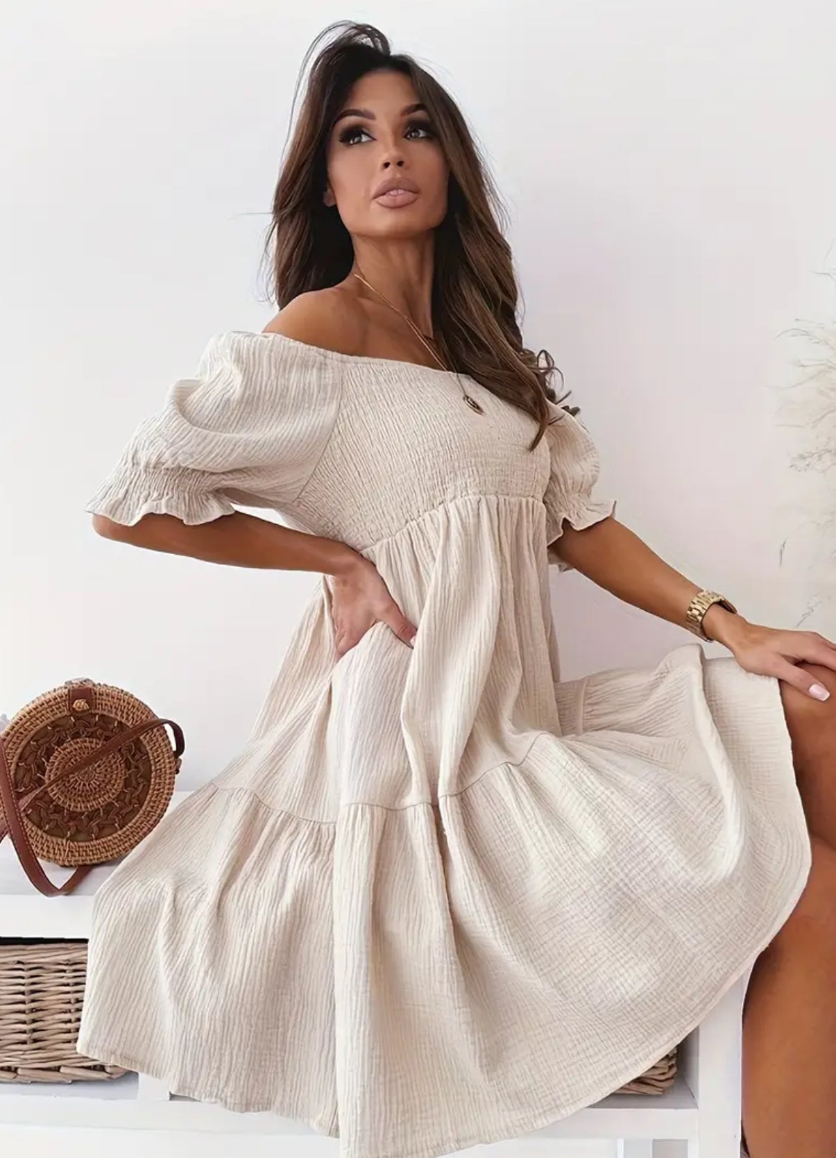 “Juliet” Off Shoulder Smocked, Loose Casual Dress