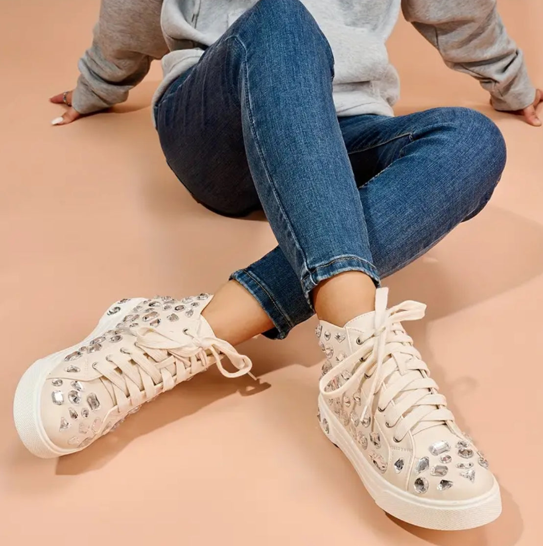 Rhinestone Decor Preppy Skate Shoes, Fashion Lace Up High Top Flat Sneakers