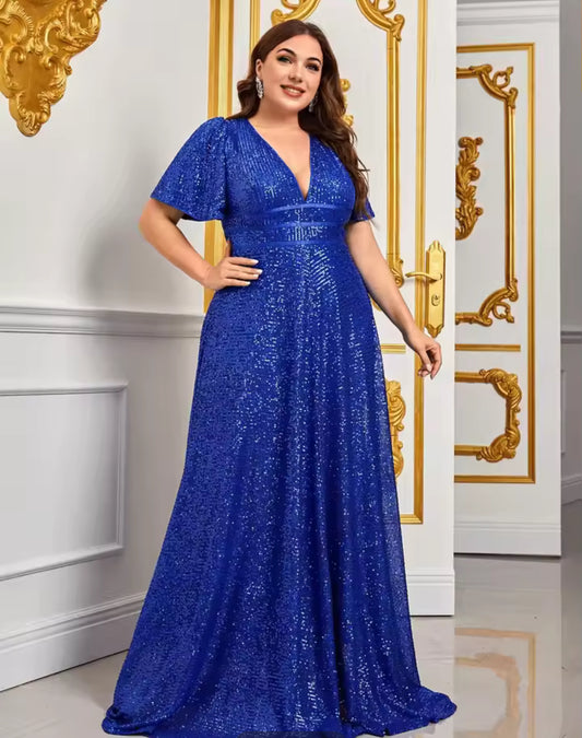 “Elouise” Blue Sequins Fashion Elegant Dress, 0XL-5L