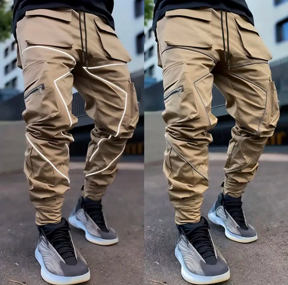 Men's Cargo Pants - Loose Straight Sports Joggers with Multi Pockets & Reflective Details