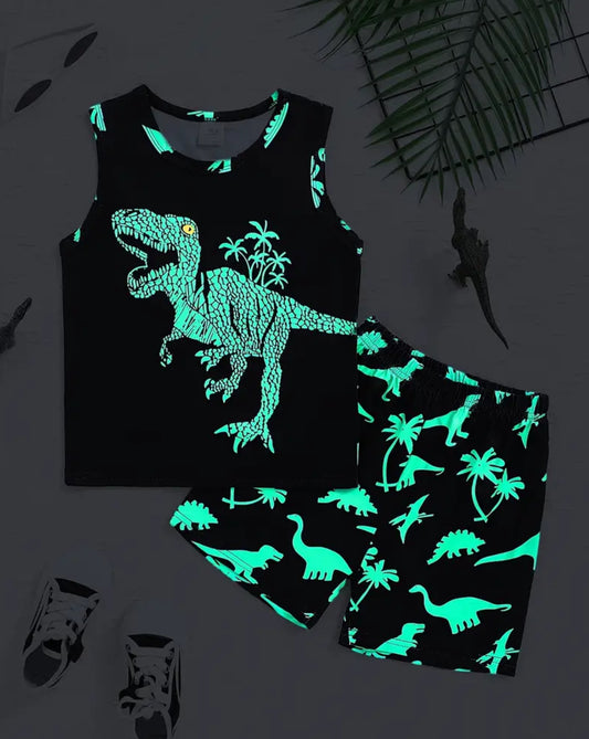 Conjunto de 2 camisetas sin mangas y pantalones cortos con diseño de dinosaurio luminoso que brillan en la oscuridad 🦕🦖