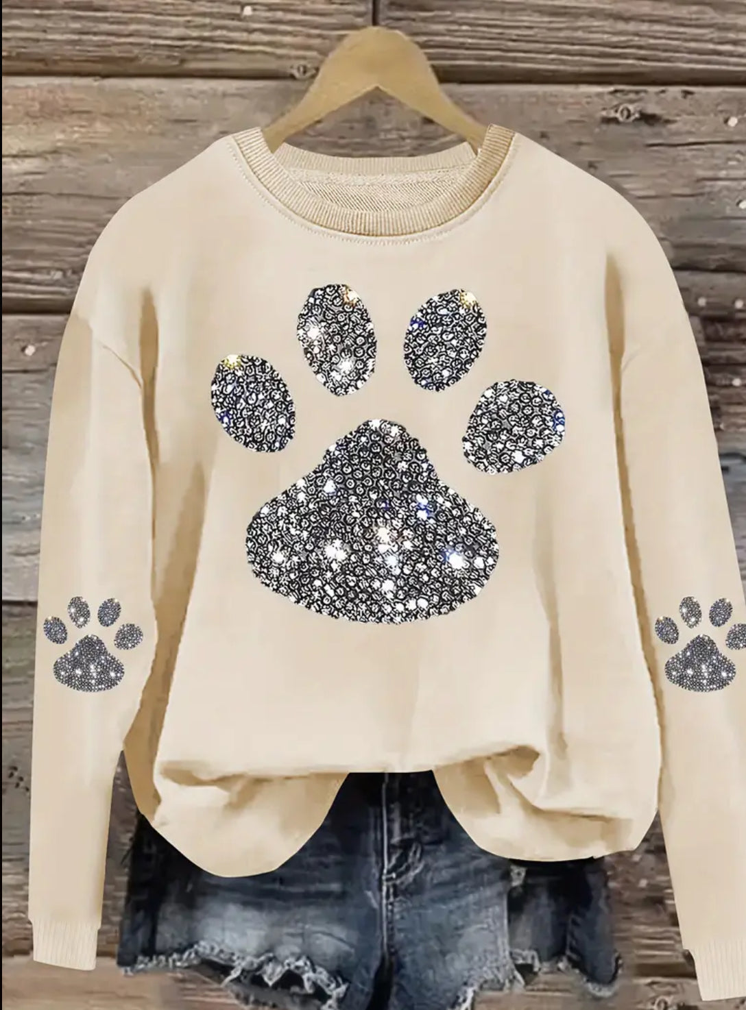 0XL-14XL, Posh Plus 💋  Rhinestone Paw Print Sweatshirt Women - Crew Neck, Casual Pullover with Slight Stretch