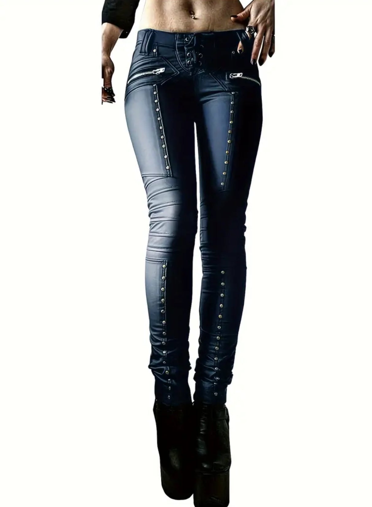 Women's “Gothic Punk Rock Club” Leggings, Faux Leather, Lace Up Skinny