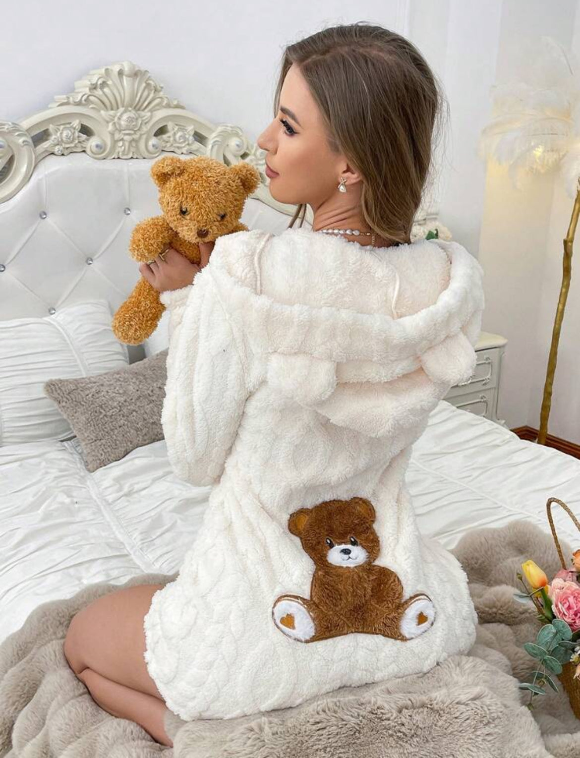 “Baby Bear” Romper, Shaped Hooded Bear 🐻 Embroidered Plush Pajama, Women