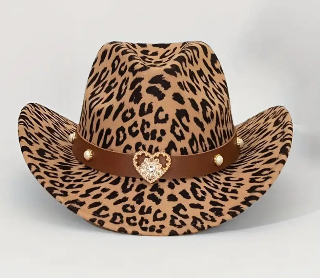 “Western Leopard” Cowboy Hat Detachable Bull Head Emblem, Adjustable Size