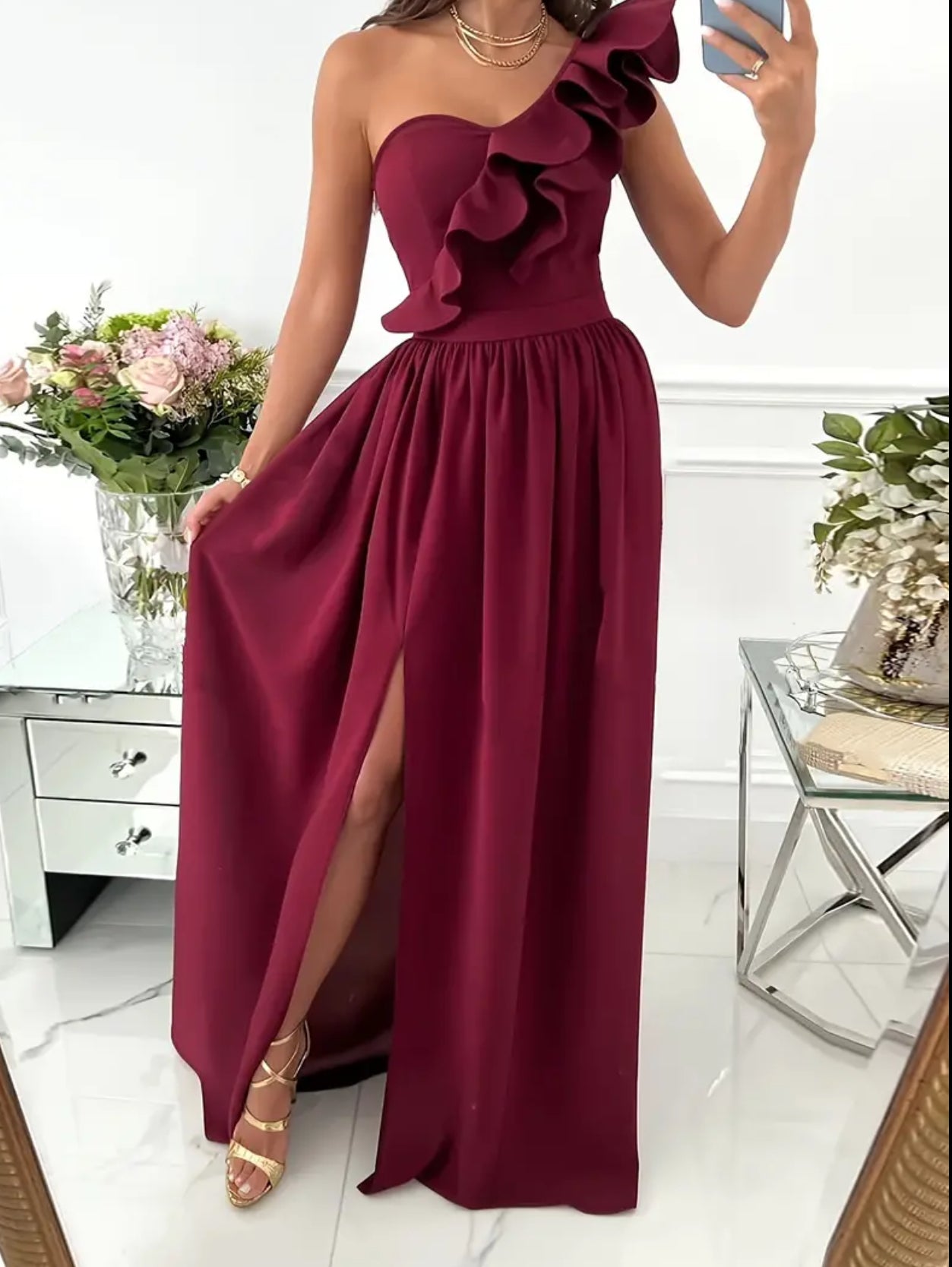 “Lady in Red” Ruffle Trim One Shoulder Dress, Elegant Split Ruched Floor Length Dress