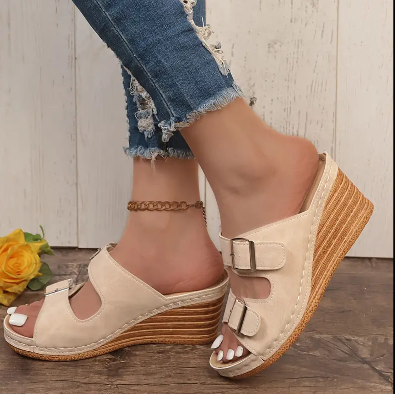 Women's Solid Color Platform Sandals - Comfortable Double Buckle Wedge Slides