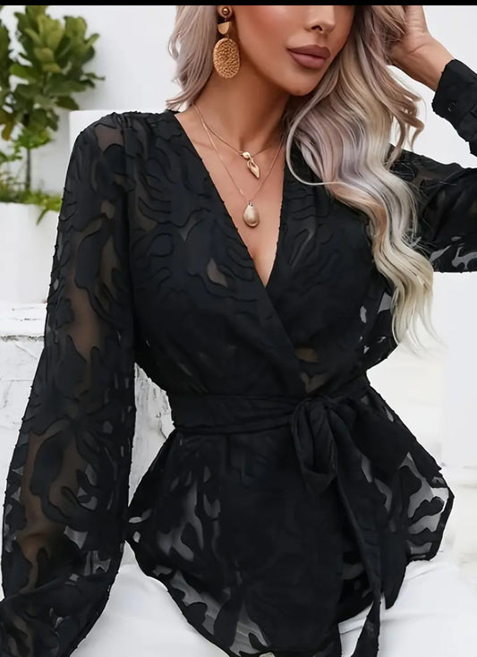 Elegant V-Neck Long Sleeve Jacquard Wrap Tie Blouse for Women - Perfect for Spring and Fall