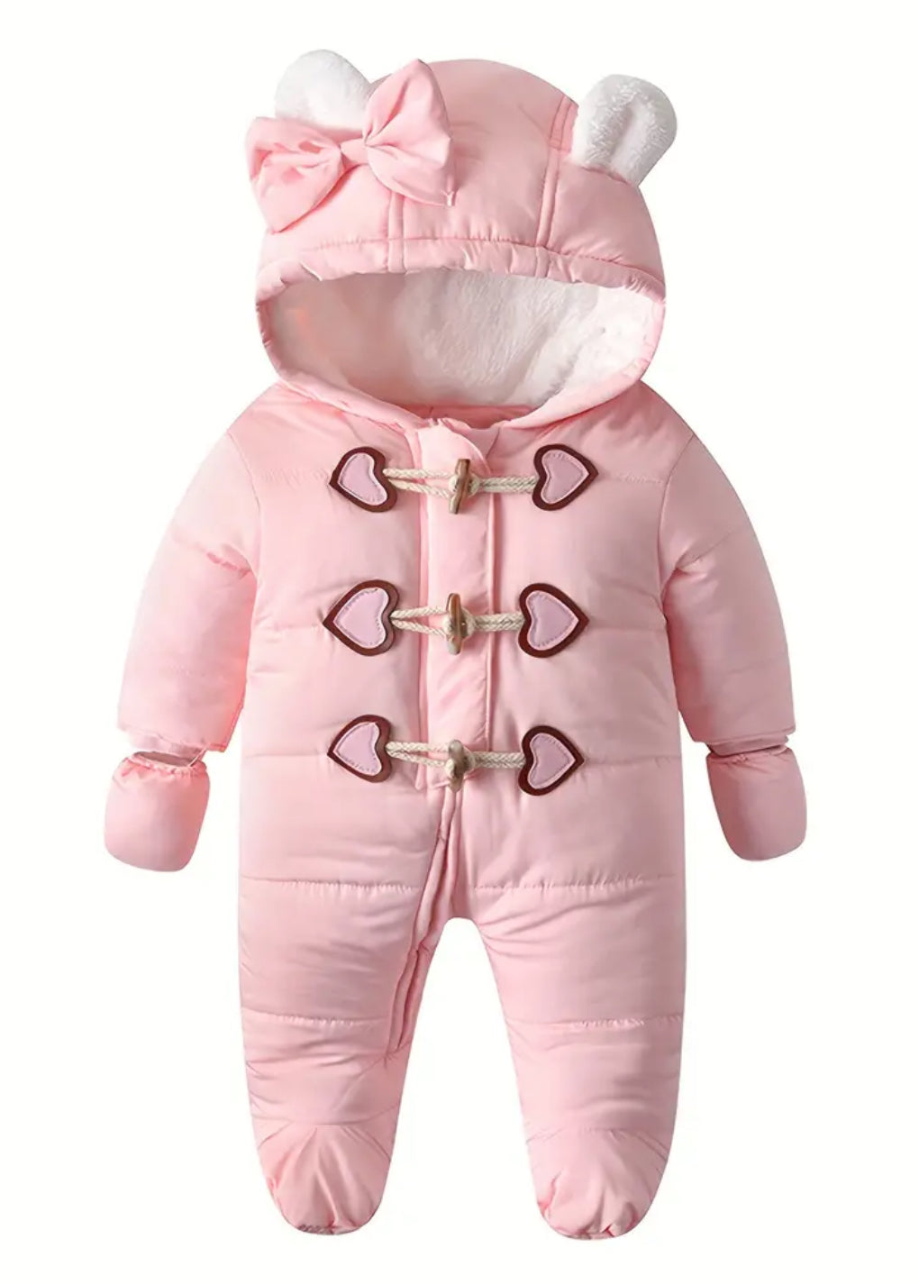 💕 Baby Girls Fleece Warm Hooded Bodysuit + Detachable Gloves