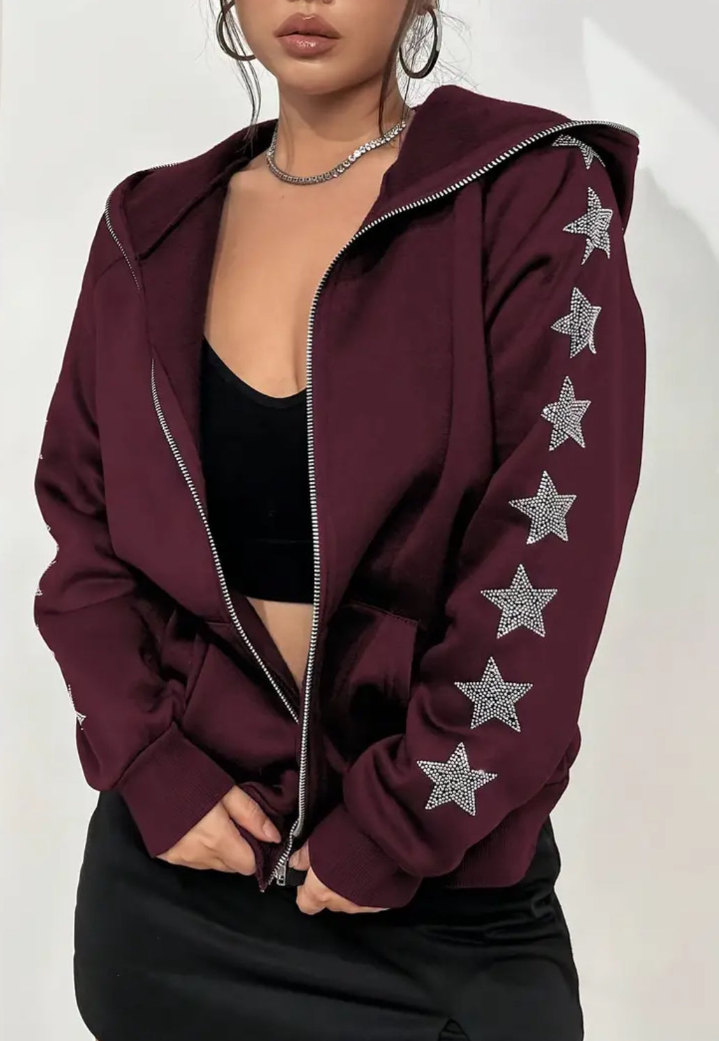 Star Patterned Hooded Sweatshirt- Casual Long Sleeve Zip-Up Outerwear