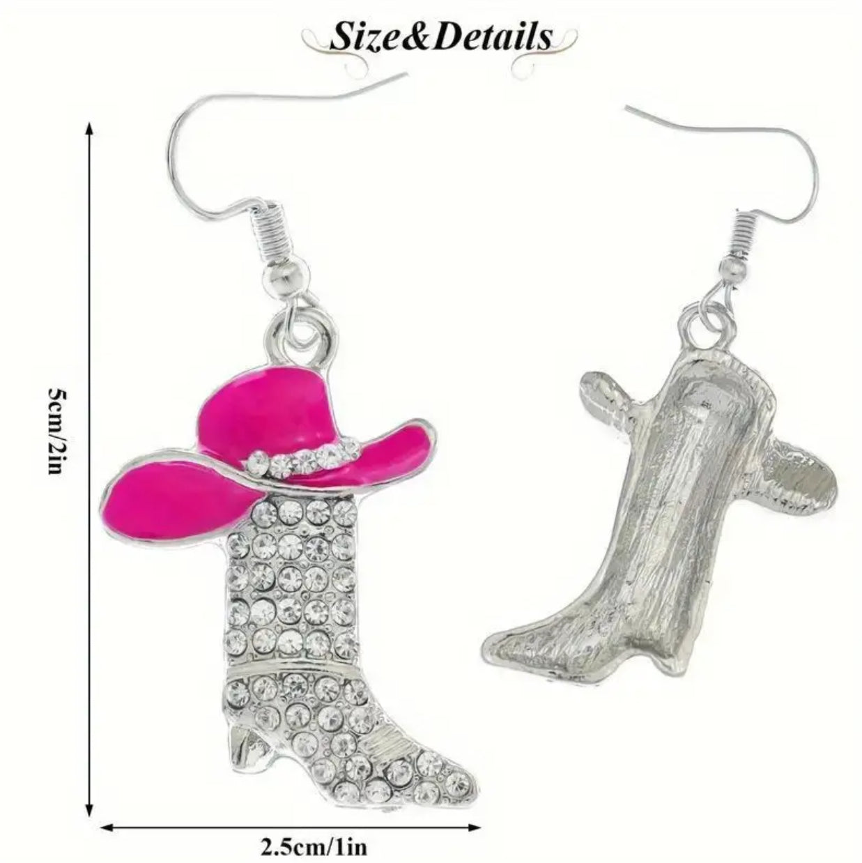 “Texas” Western Boot & Hat Earrings - Hypoallergenic Alloy, Plated White Gold, Synthetic Cubic Zirconia Accents, 1 pair