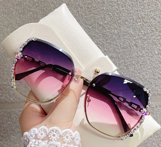 Rhinestone Rimless Fashion Sunglasses, Casual Gradient UV400