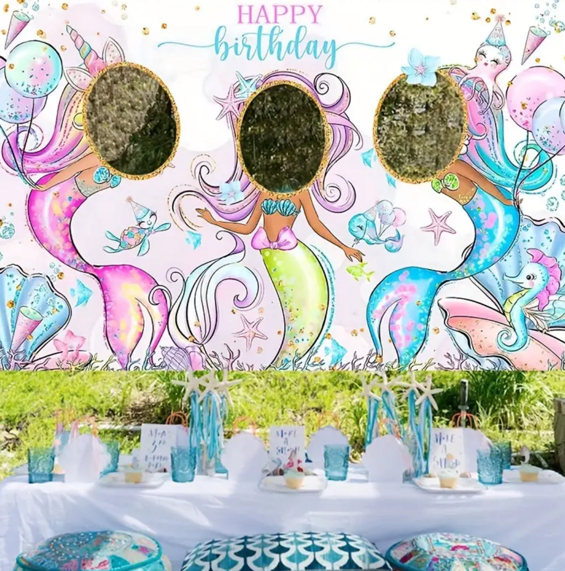 1pc, Happy Birthday Photo Frame, Mermaid Theme  Birthday Polyester Backdrop