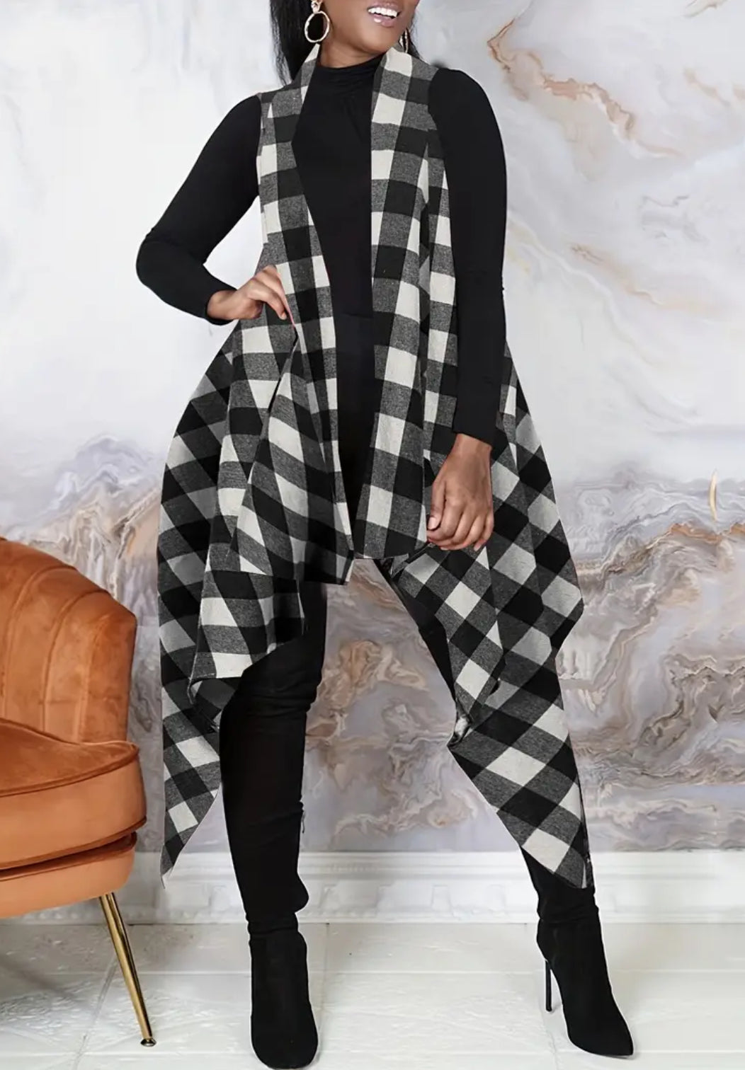 “Fall 🍂🍁” Plaid Open Front Asymmetric Hem, Long Sleeveless Cardigan Coat Vest