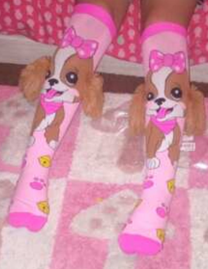 “Puppy & Unicorn Love” 💕 🐾 Pink Cute Little Dog Knee High Socks, 1 Pair