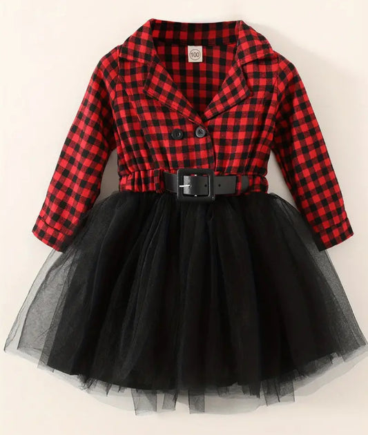 Party “Tulle Tutu” Skirt Dresses, Plaid Long Sleeve