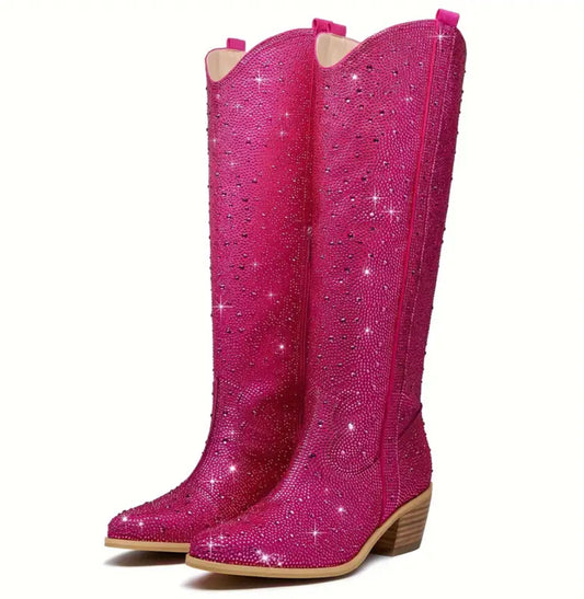 Botas vaqueras estilo western con suela blanda, plataforma y cremallera lateral con diamantes de imitación en color fucsia