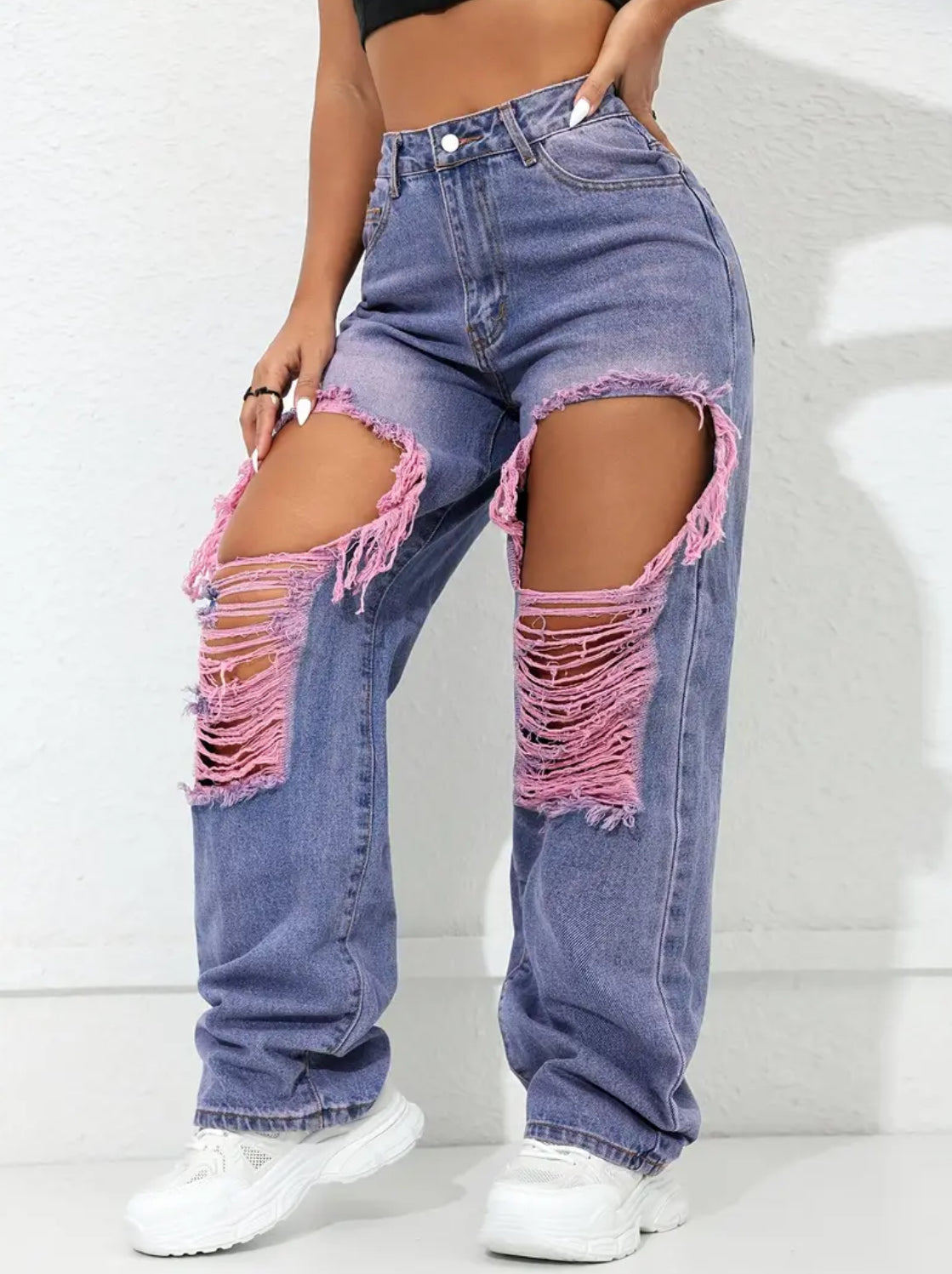 “Pink Denim” High-Waist Baggy Ripped Jeans - Straight Leg, Tummy Control, Fashionable Light Blue Denim, Casual Streetwear