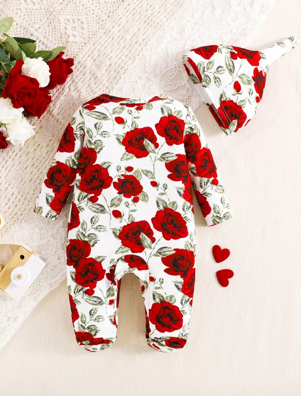 “Elegant Rose”🌹 Long Sleeve Footed Romper & Hat, Baby Girl Bodysuit