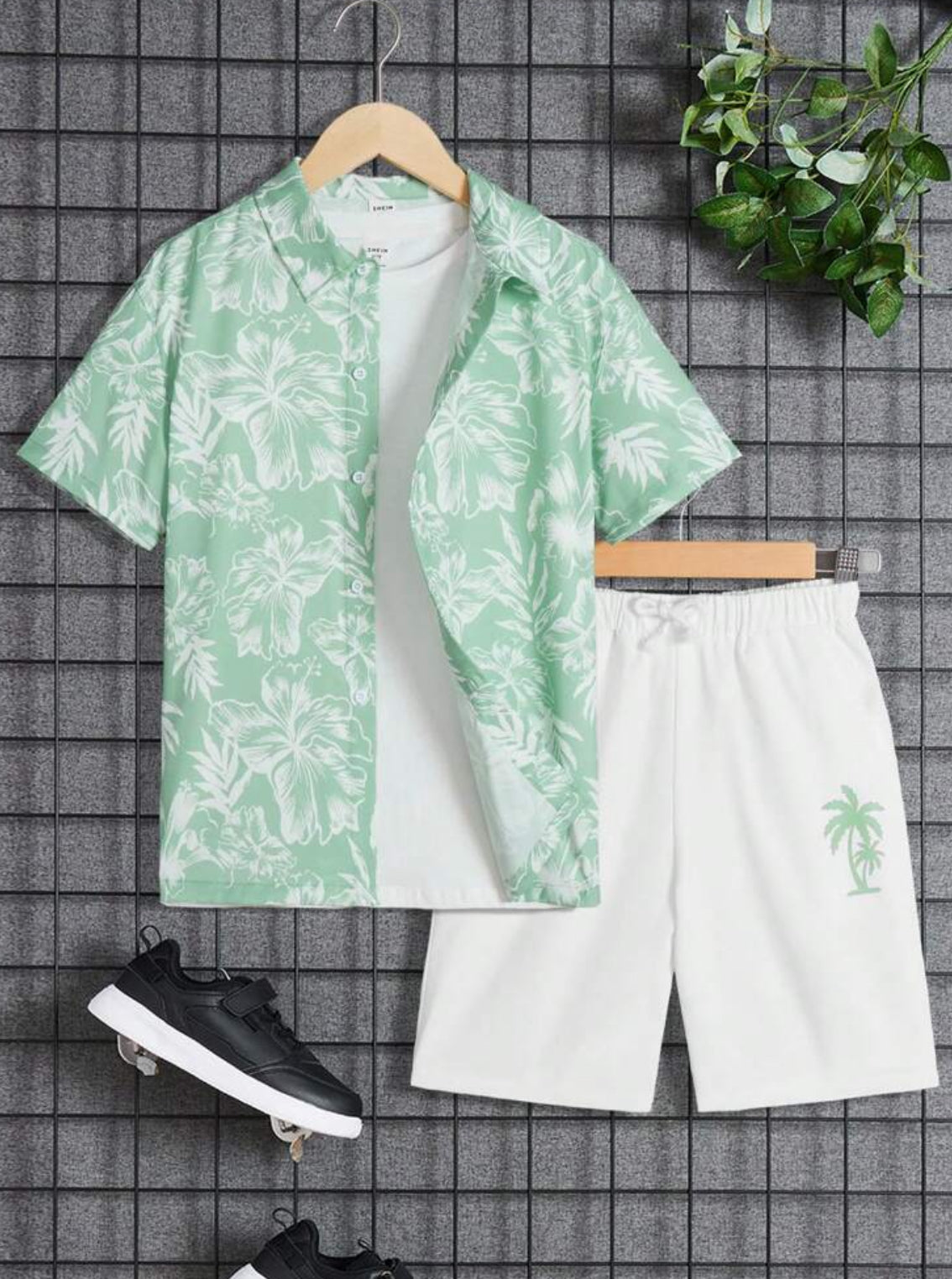 Camisa y pantalones cortos de manga corta con estampado de plantas, cómodos e informales, para niños preadolescentes