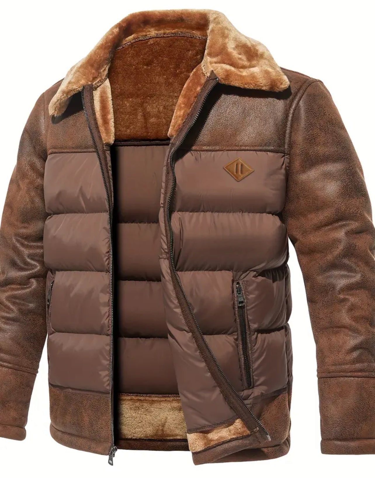 Men's Casual Warm Faux Leather Jacket, Chic Faux Fur Collar Quilted Jacket For Fall Winter
