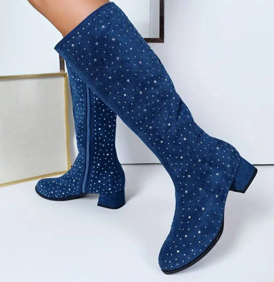 Chic Women's Mid-Calf Boots with Rhinestone Accents