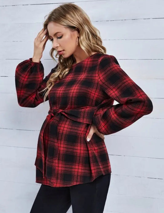 Blusa de cuadros rojos de otoño para maternidad europea y americana para mujer