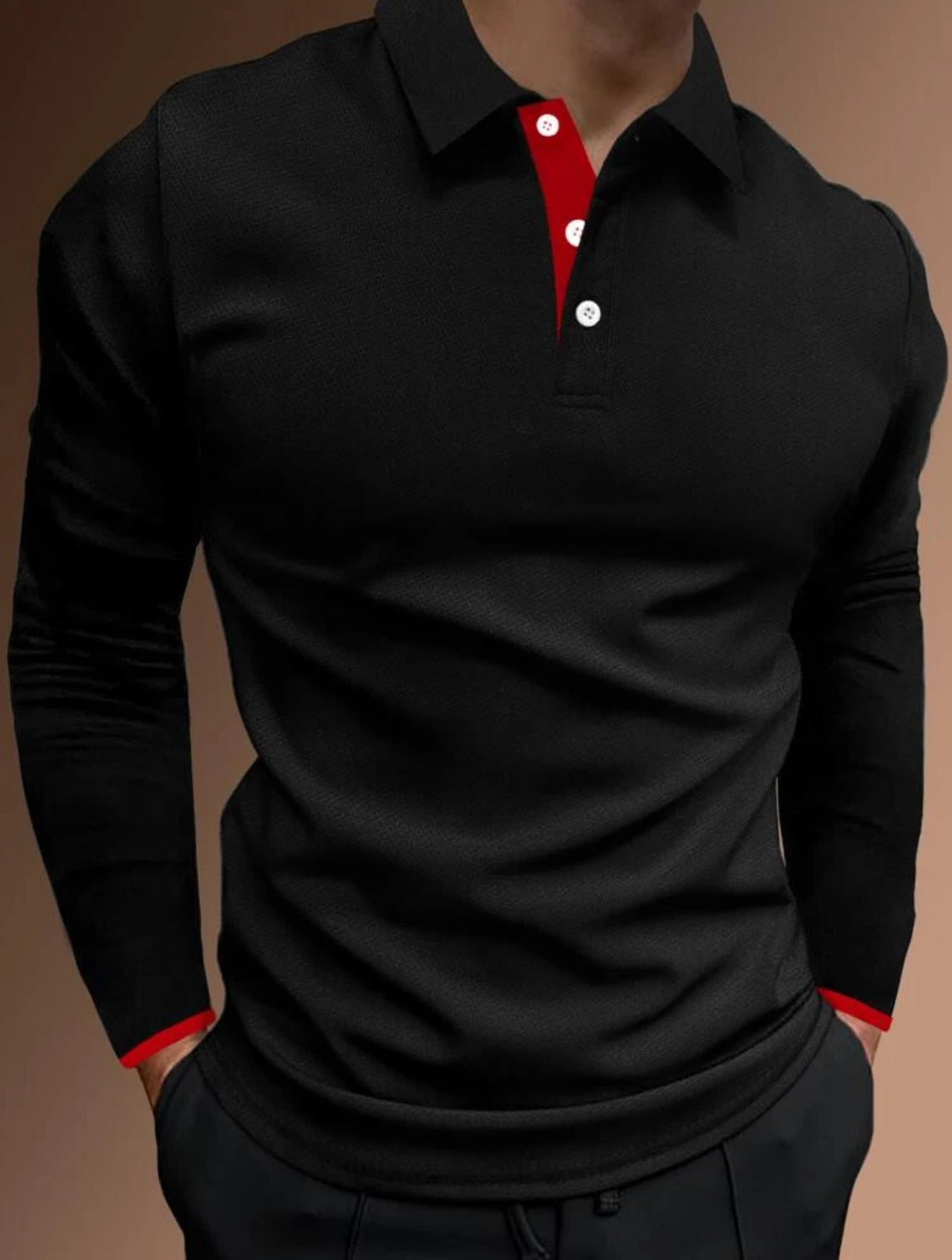 Men Contrast Trim | Long Sleeve Half Button Collar Casual Polo Shirt