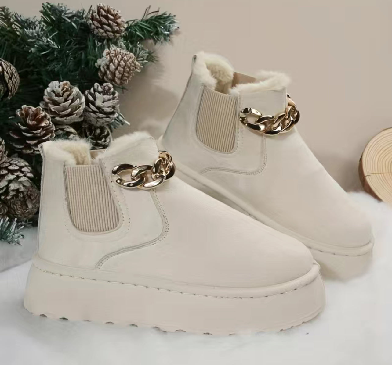 Women's Solid Color Plush Boots, Soft Sole Platform Chain Decor Snow Boots, Warm Lined Non-slip Boots