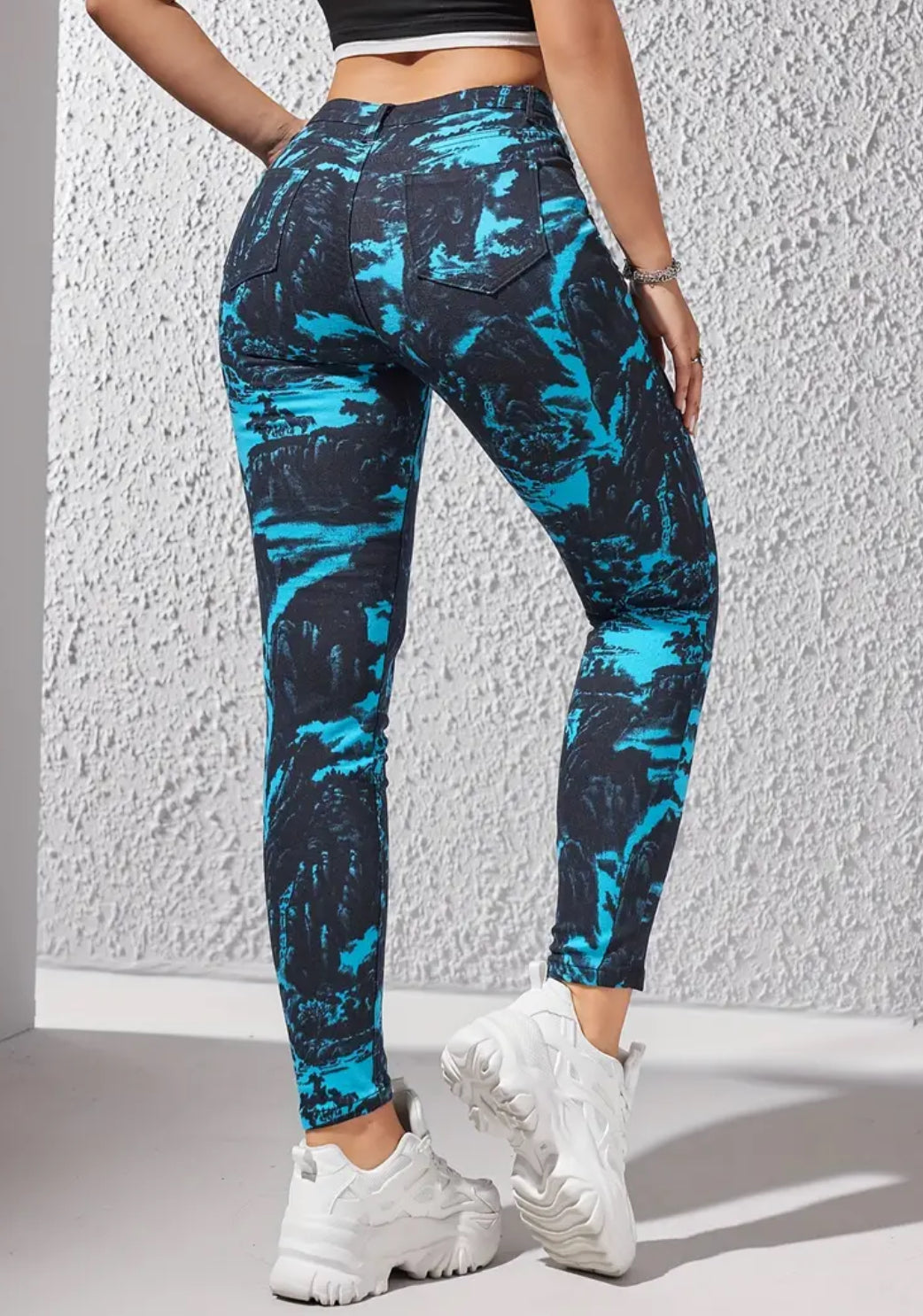 “Tie Dye Neon” High Waist Elastic Hip Lifting Versatile Denim Pants