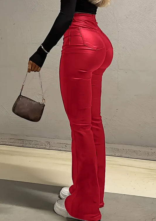 Elegant Red High-Waist Stretch Flare Jeans for Women - Comfort Fit with Pockets