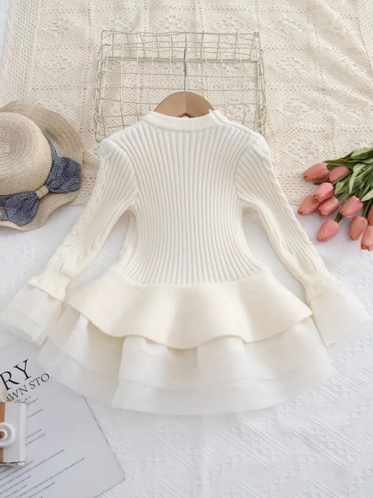 “Jacquard” Knitted Sweater Sweet Organza Long Dress Girls