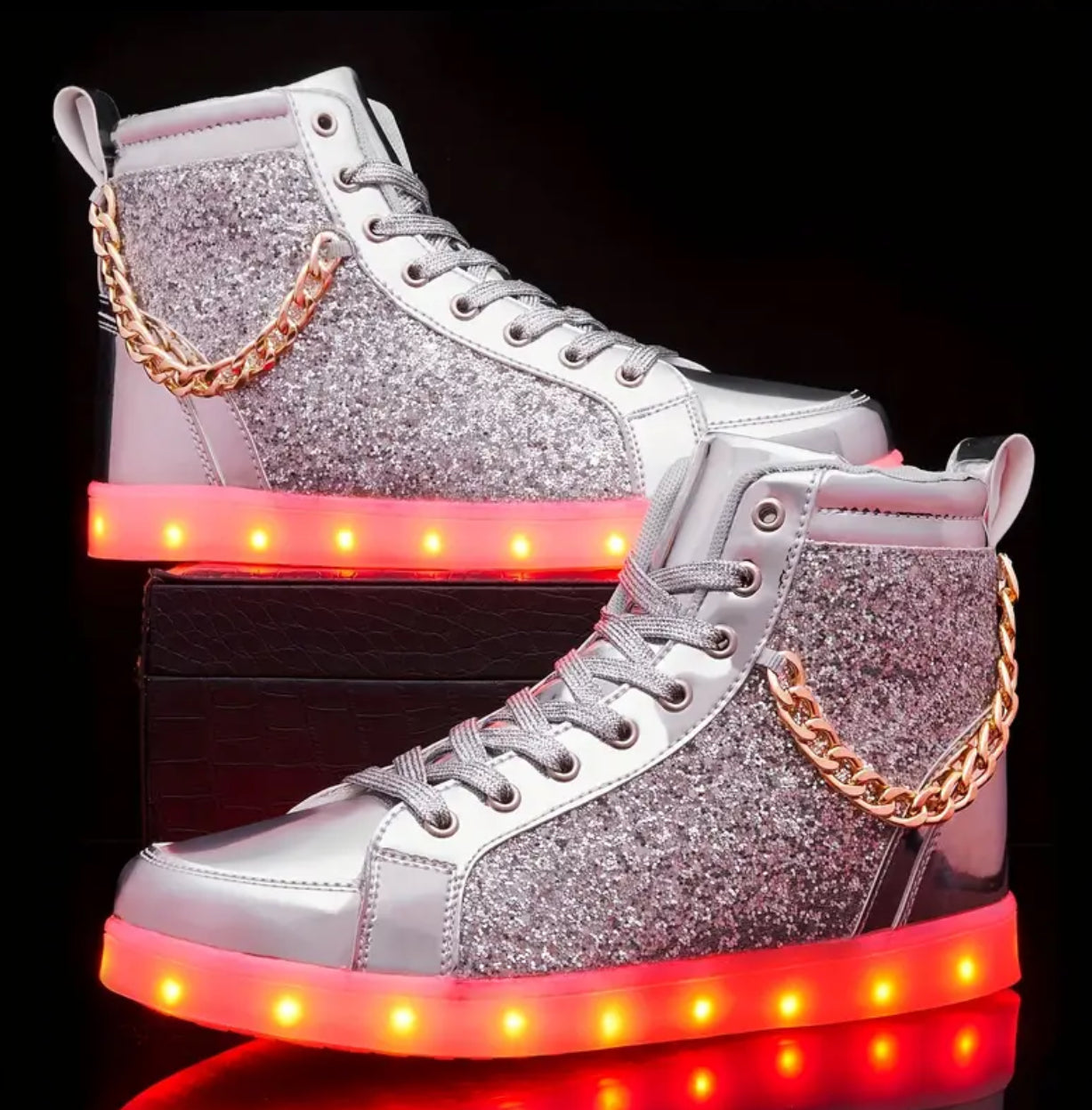 Vibrant LED Glitter Chain High Top Shoes, Flashing Luminous, Women and Mens